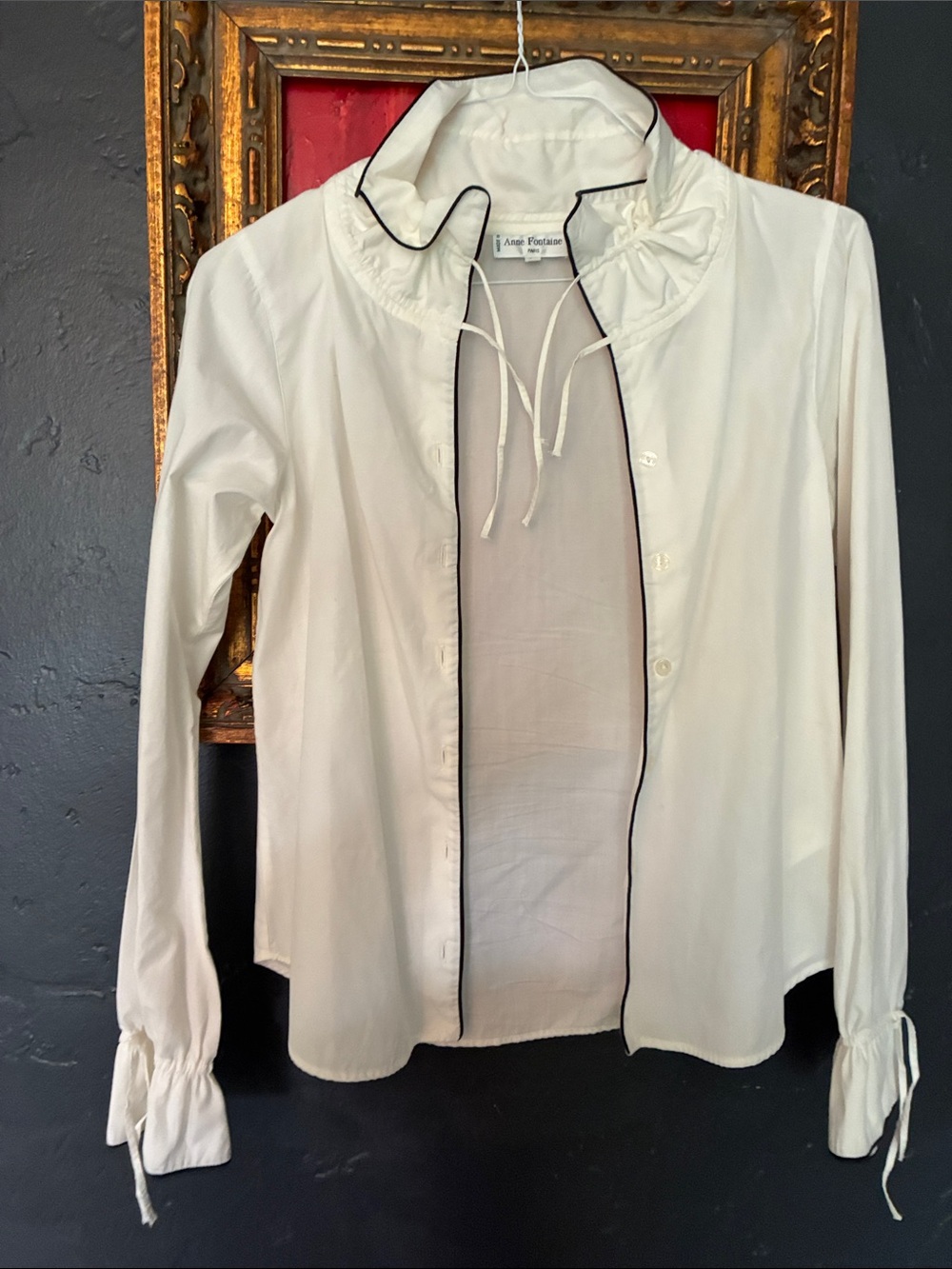 Anne Fontaine Crisp White Cotton Button-Down Top with Black Trim
